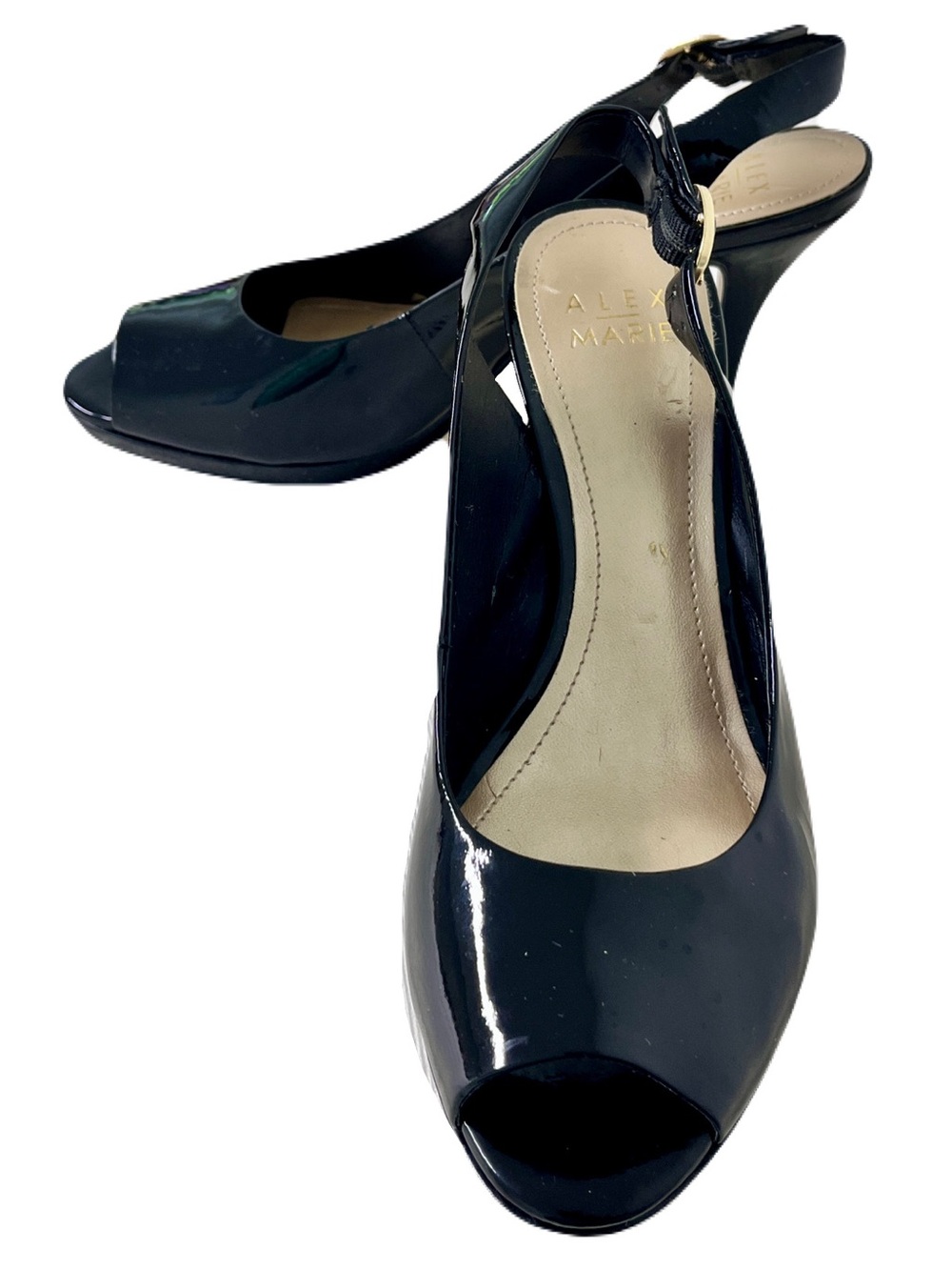 Alex Marie Black Patent Leather Slingback Peep Toe Pumps, Size 8